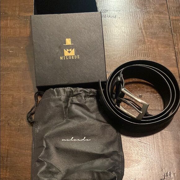 Milorde Black Leather belt with silver tone Hardware size 38 - Picture 1 of 5